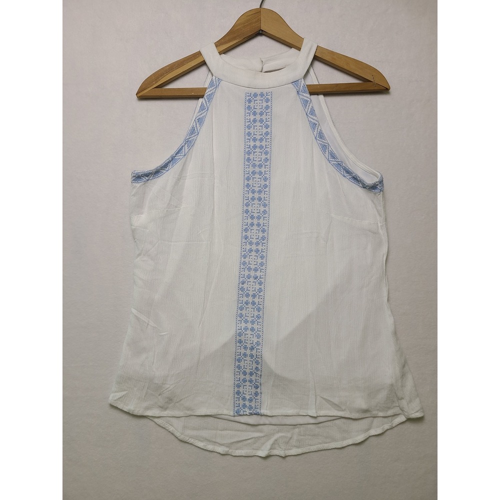 Cato S Tank Top Boho Embroidered White Blue Halter Neck Sleeveless Rayon 2762